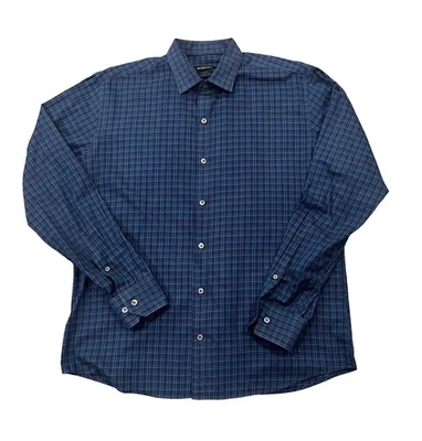 Bugatchi Uomo Mens Large Shaped Fit Long Sleeve Spread Collar  Blue Plaid - Image 1 of 4