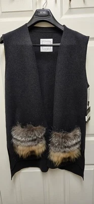 Linda Richards Grey Knit  Vest Silver Fox Raccoon Trim NWT large KN-931  - Image 1 of 4