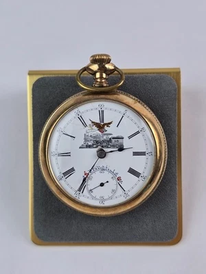 Rolled Gold Open Face Swiss Made Pocket Watch Eagle & Train on Dial Running - Photo 1/4