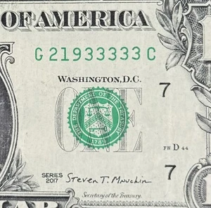 Cinco de una clase 3s en una fila arrastrando elegante número de serie dólar G 21933333 C - Imagen 1 de 3