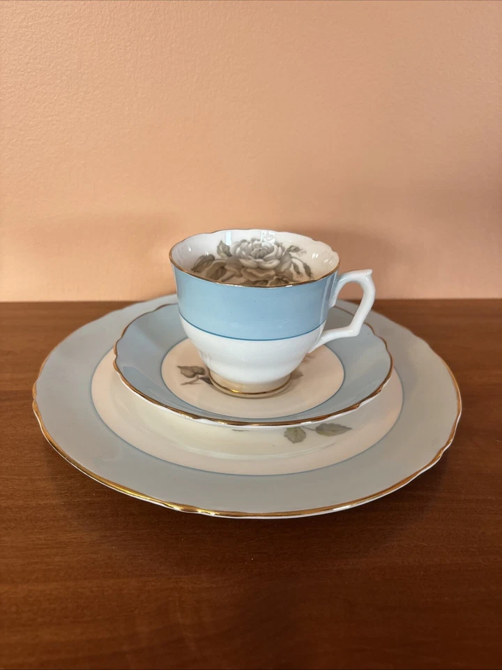 Taza de té, platillo y plato Crown Staffordshire de colección hueso fino China Inglaterra azul teniente Foto 1 de 4