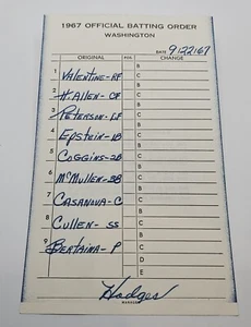 September 22, 1966 Washington Senators Gil Hodges Line-Up Card - Carbon Copy - Picture 1 of 2