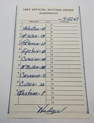 September 22, 1966 Washington Senators Gil Hodges Line-Up Card - Carbon Copy - Image 1 of 2