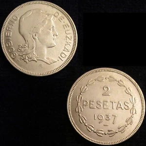 ESPAÑA, GUERRA CIVIL-60, 2 PESETAS 1937, EUZKADI, BRILLO ORIGINAL, SIN CIRCULAR. - Imagen 1 de 1