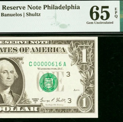 1969D $1 Federal Reserve Note PMG 65EPQ - Birthday - Low Serial Number 00000616 - Image 1 of 3
