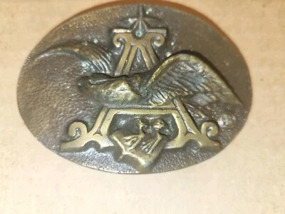 Vtg Anheuser Busch Logo Oval Brass Belt Buckle #P-168 Eagle 3.5x2.5” Beer - Image 1 of 2