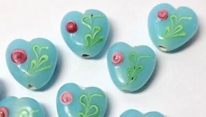 10 Lampworked Glass 15x15x7mm Light Aqua Blue Hearts with Roses & 2mm Hole * - Picture 1 of 3