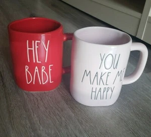 RAE DUNN 'Hey Babe You Make Me Happy' pink & red 2 pair couple coffee mugs set - Picture 1 of 4