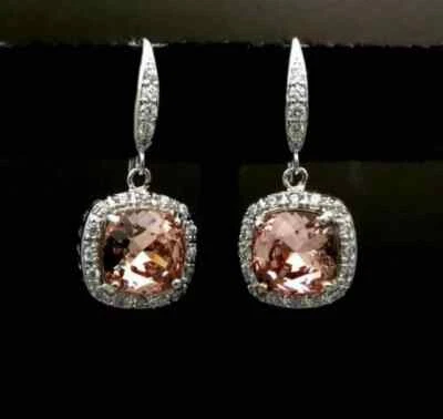Drop Dangle Lab-Created Earrings 14K White Gold Plated 2Ct Cushion Cut Morganite - Image 1 of 4