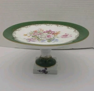 Limoges Frankreich Fuß Sockel Kuchenplatte Ständer Floral grüner Rand Goldrand 9,5" - Bild 1 von 13