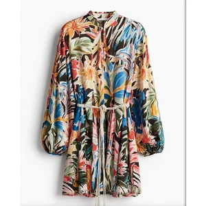 H&M Macrame Belt Dress size L NWT Tropical Print Long sleeve Viscose/Cotton - Picture 1 of 12