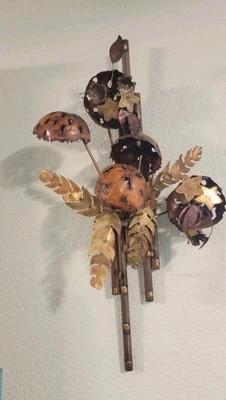 Vtg MCM Brutalist Copper & Brass Wall Art Sculpture Flowers And Fern Leaves - Image 1 of 4