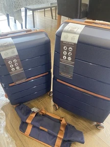BRITISH TRAVELLER 2 PIECE HARD SHELL SPINNER SUITCASE SET IN NAVY/BROWN - Picture 1 of 13