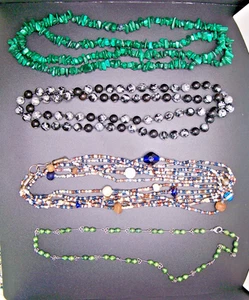 4 Beaded Necklaces: Malachite, Snow Flake Obsidian, Glass/Wood, and Seeds - Picture 1 of 1