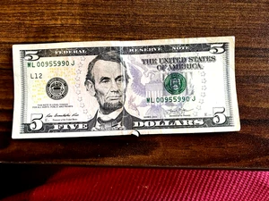 Trinary Five Dollar Bill Fancy Serial Number ML 00955990 J - Picture 1 of 2
