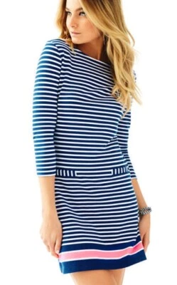 $148 Vestido Lilly Pulitzer Irina Melón Jardín Exótico Azul Marino Rayas Talla XS 0-2 NUEVO CON ETIQUETAS Foto 1 de 4