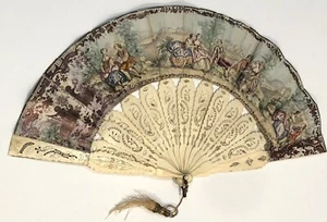 Antique French Hand Painted Fan Handmade Carved Gorgeous Detail and Coloring - Picture 1 of 9