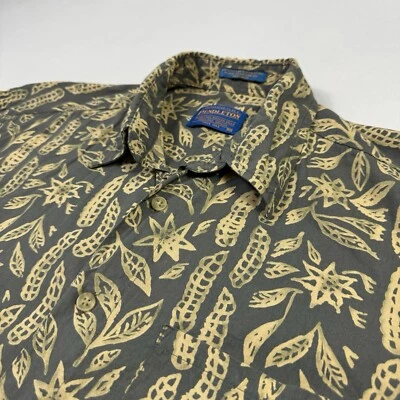 Pendleton Hawaiian Shirt Floral Leaves Rayon Blend Gray Beige Men's Medium - Image 1 of 4