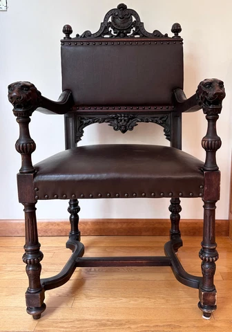 Antique Carved Figural Lions Head, North Wind Arm Chair Leather Upholstery Cover