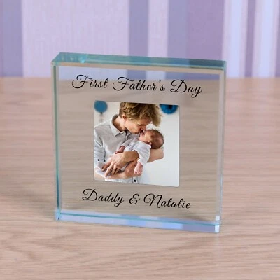 First Father's Day Daddy &... - Personalised Photo Glass Block Ornament Gift 9cm - Image 1 of 4