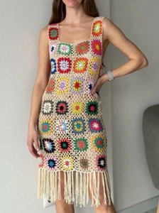 Boho Crochet Tank Midi Dress Medium Multicolor Hollow Out Fringe Floral Square - Picture 1 of 14