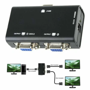 1 PC to 2 Monitor 2 Port VGA SVGA Video LCD Splitter Box Adapter Power Cable* - Afbeelding 1 van 12