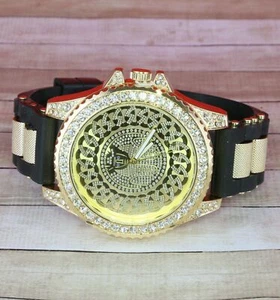 Unisex Luxury Hip Hop Iced Bezel Silicone Band Gold Finish Watch Pharaoh Dial - Picture 1 of 7