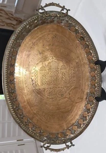 Antique handcrafted Middle Eastern etched islamic trad.mosque,oval copper tray L - Picture 1 of 12