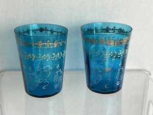 2 Vintage Antique Teal Blue Bohemian Glass Tumbler Enameled Design Drinking 4”H - Picture 1 of 6