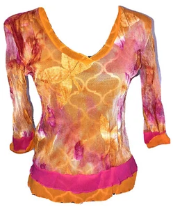 Quinze Heures Trente Pink Orange Floral Mesh 3/4 Sleeve Top sz 3 France - Picture 1 of 10