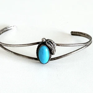 Brazalete Vintage Plata de Ley 925 Hoja Turquesa Peón Antiguo Suroeste - Imagen 1 de 9