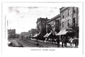 TRINIDAD COLORADO - COMMERCIAL STREET - TRAM - HORSE-DRAWN - REAL PHOTO POSTCARD - Picture 1 of 2