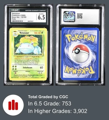 Venusaur 15/102 Base Set Holo Rare 1999 CGC 6.5 EX/NM+ - Image 1 of 3