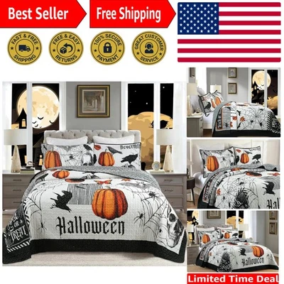 Juego de colcha edredón temática de Halloween de 3 piezas - Acogedora y espeluznante calabaza y fantasmas... Foto 1 de 4