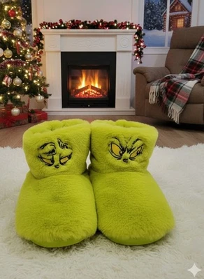 DIVAS WORLD Luxus Grinch grüne Plüsch Hausschuhe - ultraweiche kuschelige pelzige warme Hallenschuhe