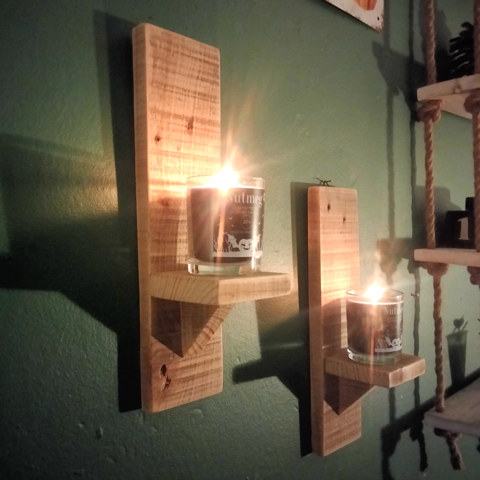 Wooden Candle Plant Holder Sconce Set of 2 Handmade Rustic Reclaimed Wood Shelf - Image 1 of 4