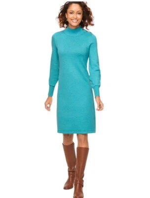 Talbots Mock Neck Sweater Dress Medium Aqua Blue Speckled Shoulder Buttons - Image 1 of 4