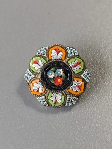 Micromosaic Floral Pin Italy Black & Green Gold tone 1" Mosiac Brooch - Picture 1 of 7