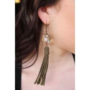 Pendientes de flecos de cuero genuino Gema de cristal claro Vaquera occidental Natural NUEVO - Imagen 1 de 3