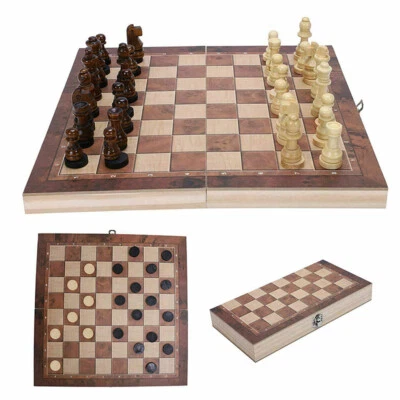 3in1-Large-FOLDING-WOODEN-CHESS-SET-Board-Game-Checkers-Backgammon-Draughts-Toy - Image 1 of 4
