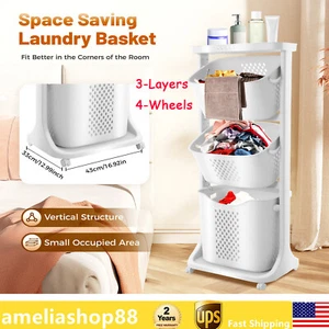 Hollowed Out Dirty Clothes Basket Bathroom Movable Clothes Storage Case 3-layer - Picture 1 of 20