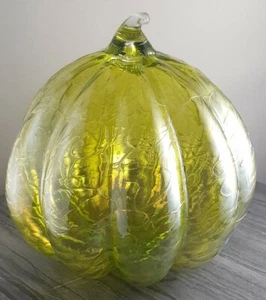 Green Iridescent Large Glass Pumpkin Hand Blown Halloween Fall Autumn Decor - Picture 1 of 11