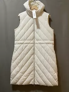NWT Calvin Klein Women Hooded 2-Way Zip Chevron Quilted Puffer Vest Size L Cream - Picture 1 of 19