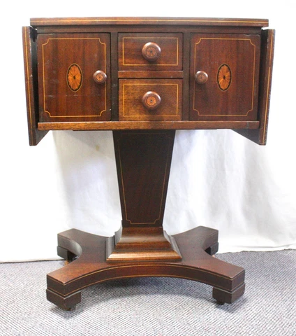 Antique Mahogany SEWING WORK SIDE TABLE.Drop-Leaf Sides. Inlaid Doors + Pulls Cover
