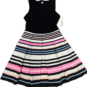 NWT Eliza J Striped Pleated Dress Women’s Classy Fit & Flare Garden Party SZ8 - Picture 1 of 7
