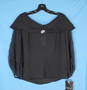 NWT SPENSER JEREMY Black SHEER SILK Rhinestone Brooch DRAPED COLLAR Blouse/Top L - Picture 1 of 5