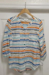 Coral Bay Top Women’s Medium Multicolor Linen Blend Striped 3/4 Sleeve Button Up - Picture 1 of 9