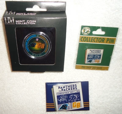 GREEN BAY PACKERS / CAROLINA PANTHERS DATED 11/2/25 GAMEDAY PIN COIN, AND MAGNET - Image 1 of 4
