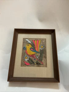 Vintage Mexican Folk Art Painting Bright Birds Flower Amate Bark Paper Framed - Picture 1 of 4