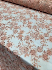Fabric Sold By The Yard Peach Beaded Lace Multicolor Sequin Floral Scalloped - Picture 1 of 12